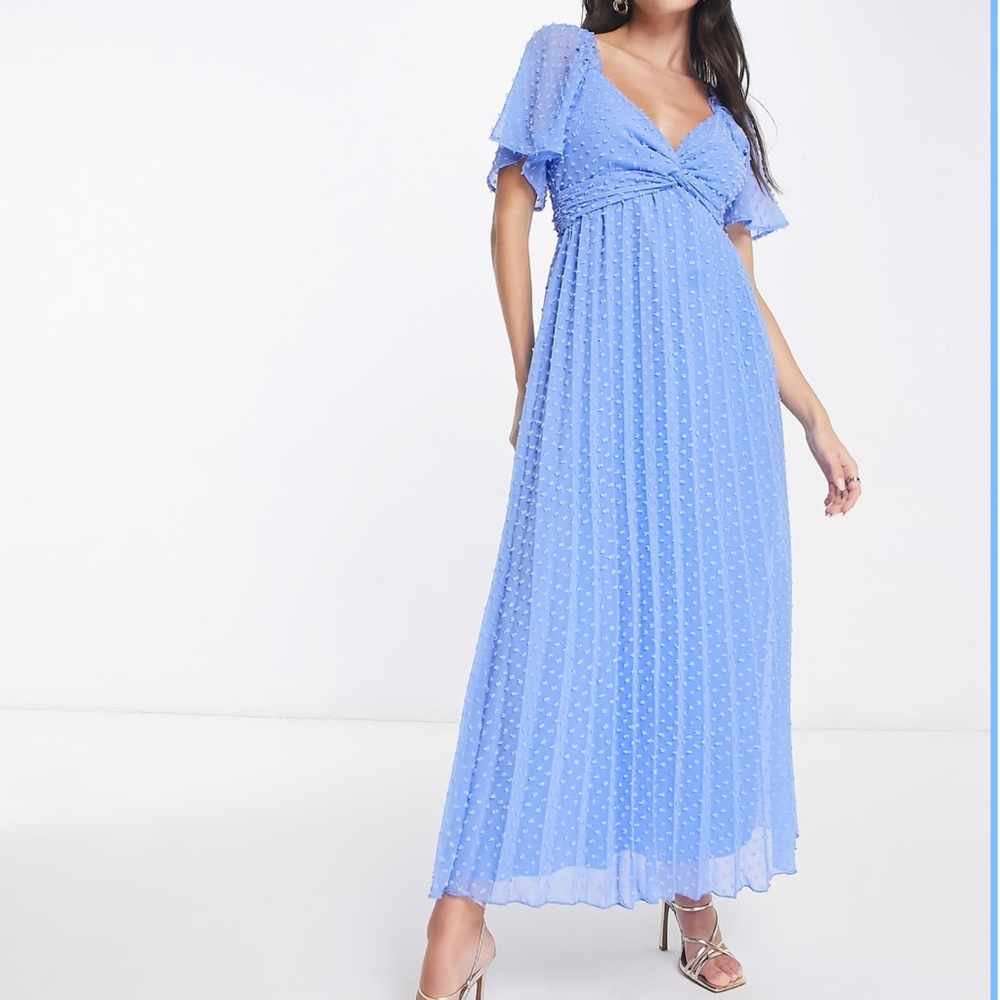 ASOS DESIGN tie front angel sleeve textured midi dress in cornflower blue
